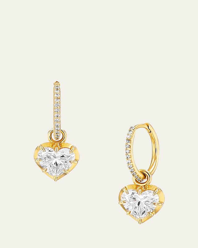 14K Diamond Heart Collet Set Drop Earrings with 12mm Pave Hoops